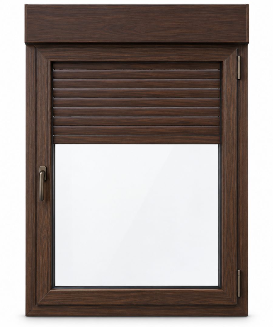 Ventana de PVC oscilobatiente de una hoja en nogal con triple acristalamiento 4/14/4/14/4, con persiana motorizada por mando y app y con herraje antirrobo RC2 certificado