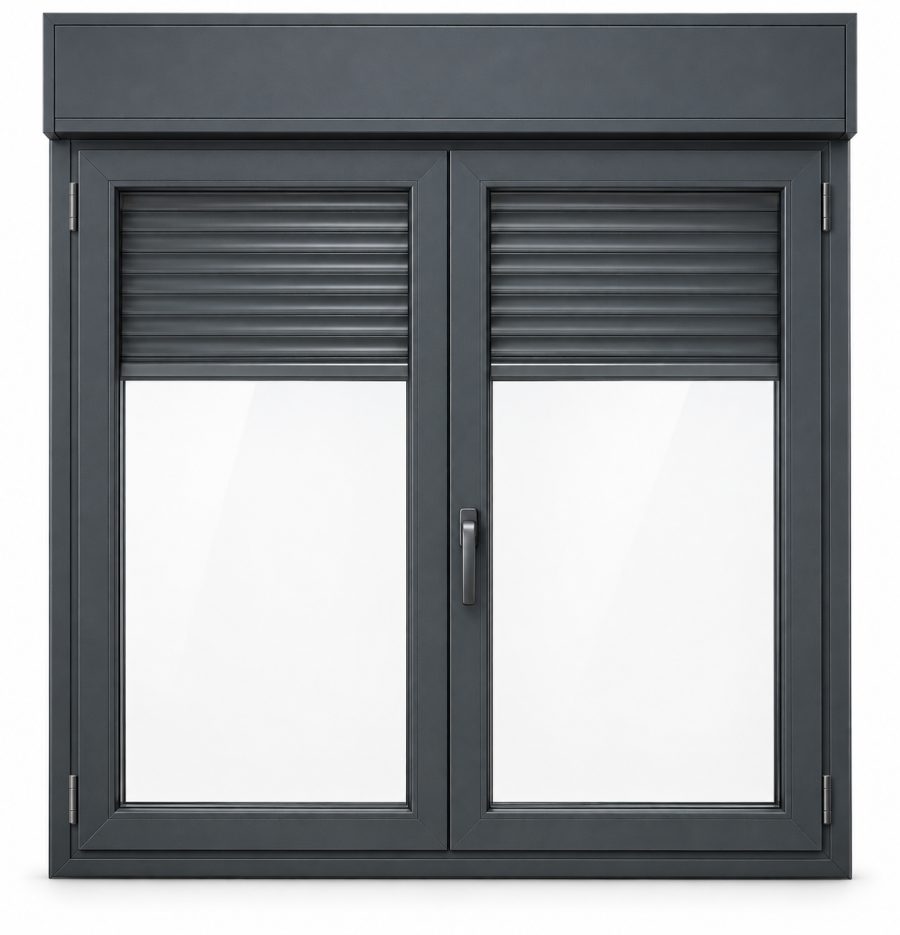 Ventana de PVC oscilobatiente de dos hojas en gris antracita RAL 7016 con vidrio acústico de 42 dB, con persiana motorizada y con herraje antirrobo RC2 certificado