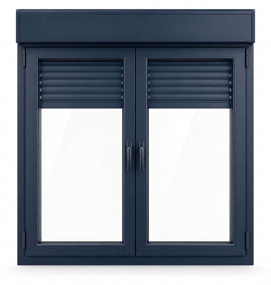 Ventana de PVC oscilobatiente de dos hojas en azul RAL 5011 con vidrio mate satinado, con persiana monoblock de aluminio y con herraje antirrobo RC2 certificado
