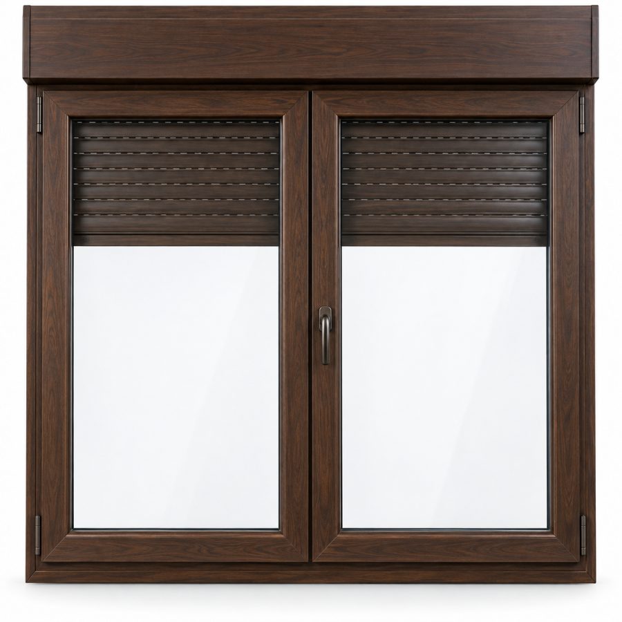 Ventana de PVC oscilobatiente de dos hojas en nogal con vidrio mate satinado y con persiana motorizada