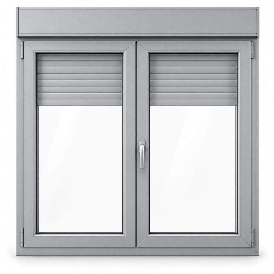Ventana de PVC oscilobatiente de dos hojas en gris plata RAL 9006 con vidrio de control solar y con persiana motorizada por mando y app