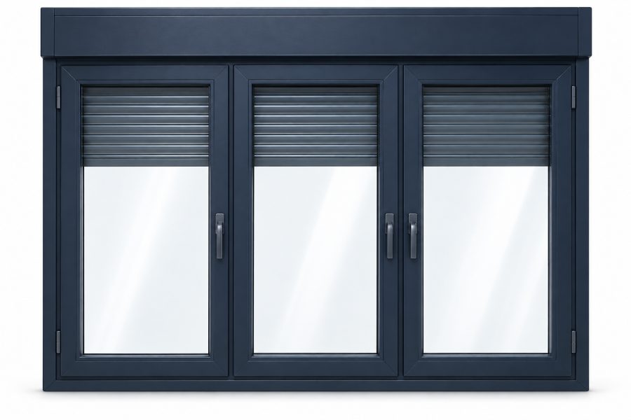 Ventana de PVC oscilobatiente de tres hojas en azul RAL 5011 con vidrio de control solar y con persiana monoblock de aluminio
