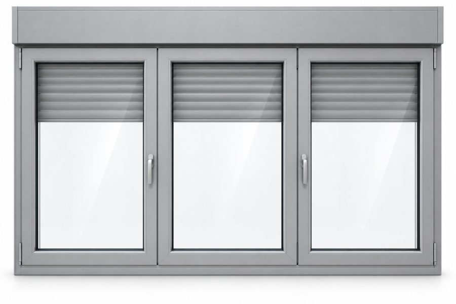 Ventana de PVC oscilobatiente de tres hojas en gris plata RAL 9006 con vidrio mate satinado, con persiana monoblock de aluminio y con herraje antirrobo RC2 certificado