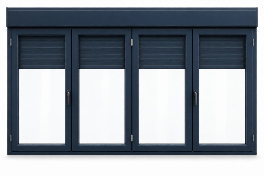 Ventana de PVC oscilobatiente de cuatro hojas en azul RAL 5011 con vidrio mate satinado y con persiana monoblock de aluminio