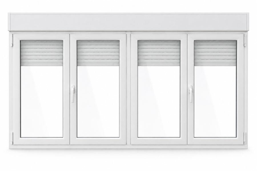 Ventana de PVC oscilobatiente de cuatro hojas en blanco con triple acristalamiento 4/14/4/14/4, con persiana motorizada y con herraje antipalanca RC1