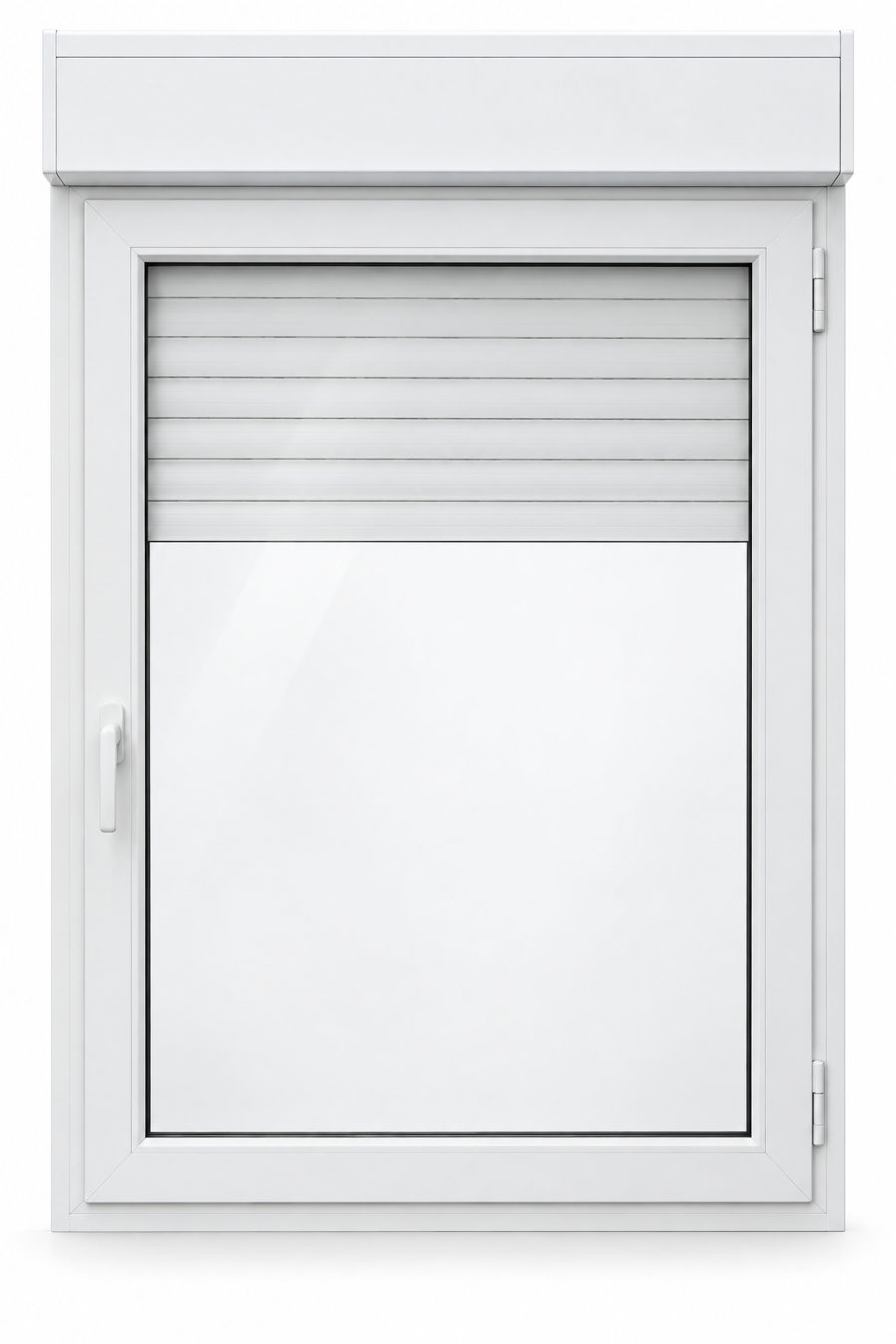 Ventana de PVC practicable de una hoja en blanco con vidrio mate satinado y con persiana monoblock de aluminio
