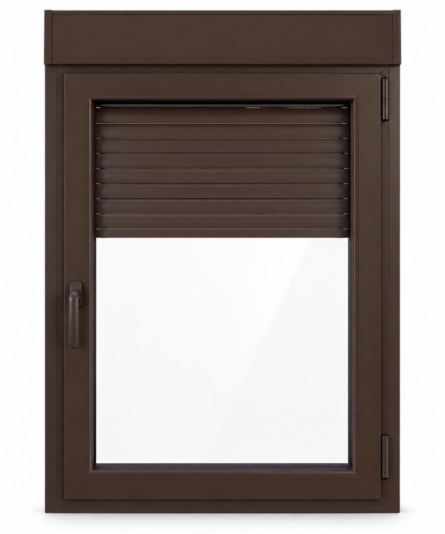 Ventana de PVC practicable de una hoja en marrón RAL 8017 con vidrio acústico de 42 dB, con persiana motorizada y con herraje antipalanca RC1
