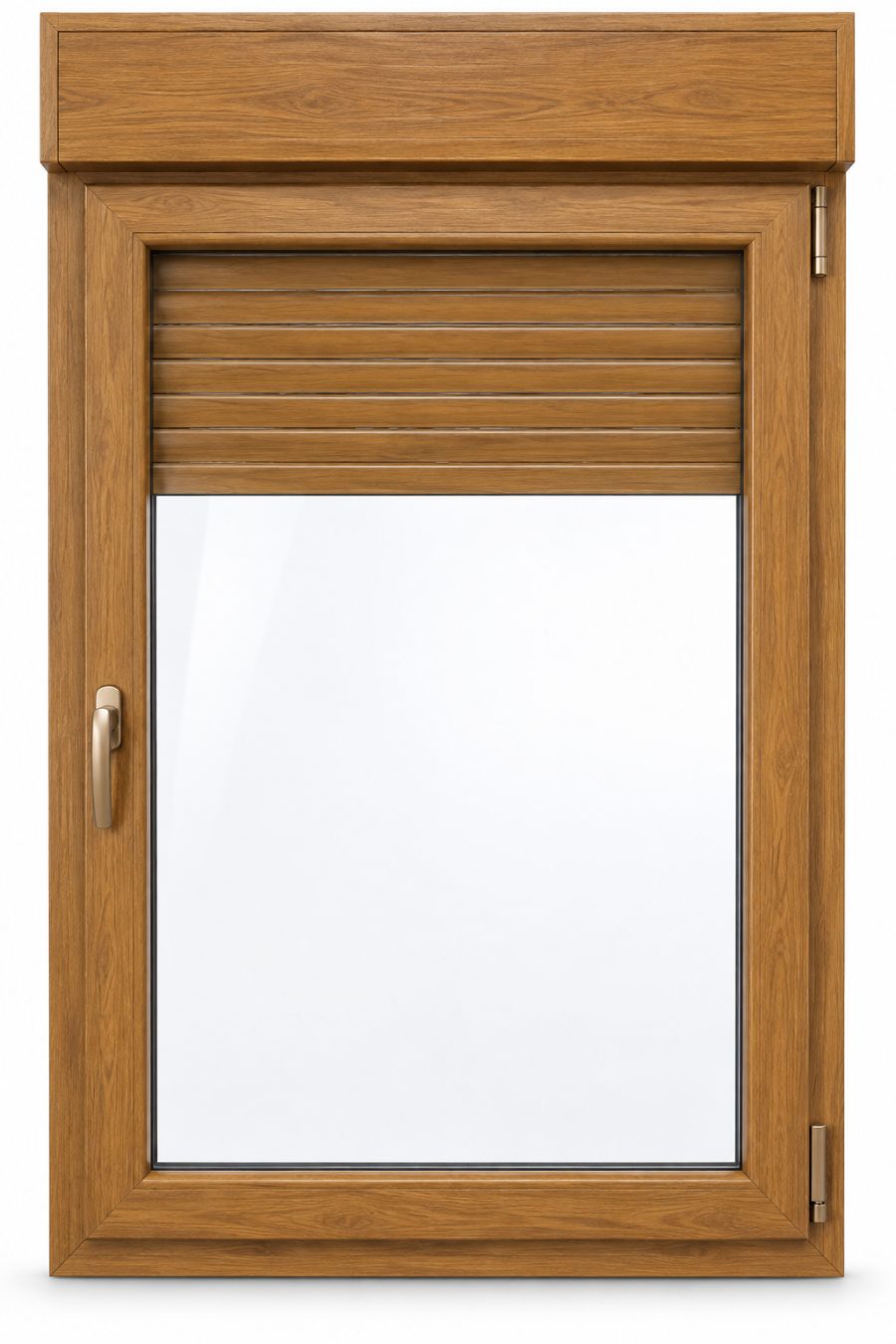 Ventana de PVC practicable de una hoja en roble dorado con vidrio mate satinado y con persiana monoblock de aluminio