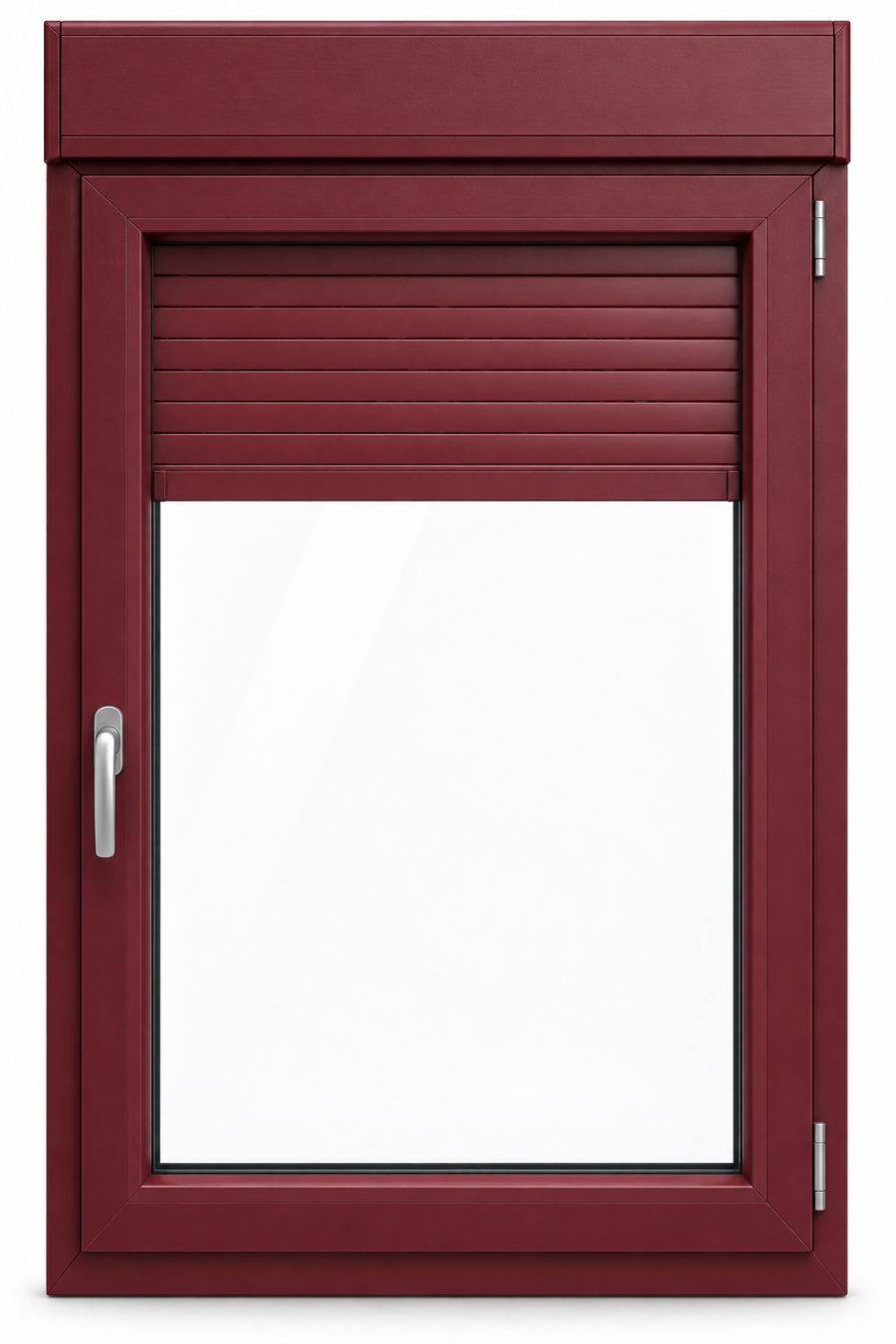 Ventana de PVC practicable de una hoja en rojo RAL 3004 con vidrio acústico de 42 dB, con persiana monoblock de aluminio y con herraje antipalanca RC1