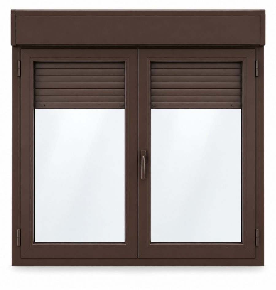 Ventana de PVC practicable de dos hojas en marrón RAL 8017 con vidrio doble bajo emisivo 4/16/4 y con persiana motorizada por mando y app