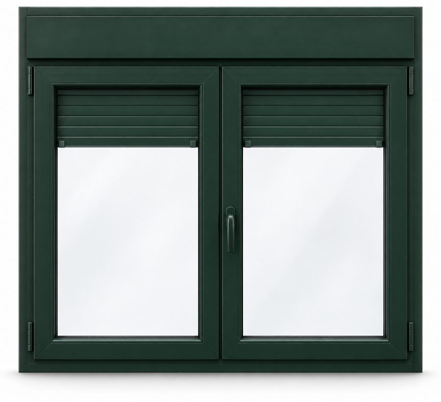 Ventana de PVC practicable de dos hojas en verde RAL 6009 con vidrio doble reforzado 6/20/6, con persiana motorizada y con herraje antipalanca RC1