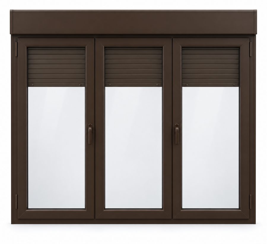 Ventana de PVC practicable de tres hojas en marrón RAL 8017 con vidrio mate satinado y con persiana motorizada