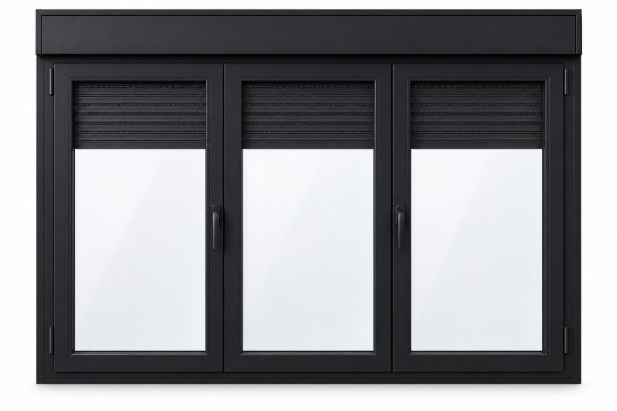 Ventana de PVC practicable de tres hojas en negro RAL 9005 con vidrio acústico de 42 dB, con persiana monoblock de aluminio y con herraje antipalanca RC1