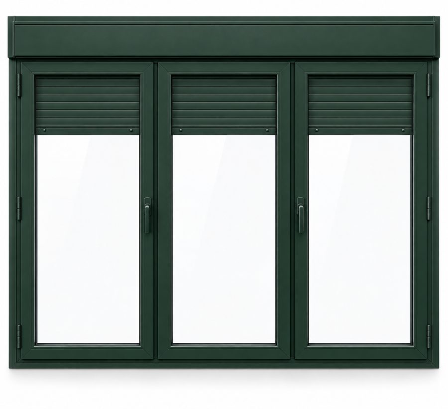 Ventana de PVC practicable de tres hojas en verde RAL 6009 con vidrio mate satinado y con persiana motorizada