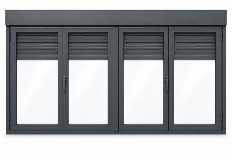 Ventana de PVC practicable de cuatro hojas en gris antracita RAL 7016 con vidrio doble bajo emisivo 4/16/4, con persiana motorizada y con herraje antirrobo RC2 certificado