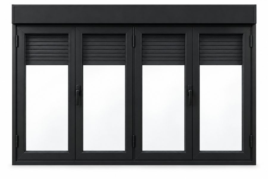 Ventana de PVC practicable de cuatro hojas en negro RAL 9005 con vidrio mate satinado y con persiana motorizada