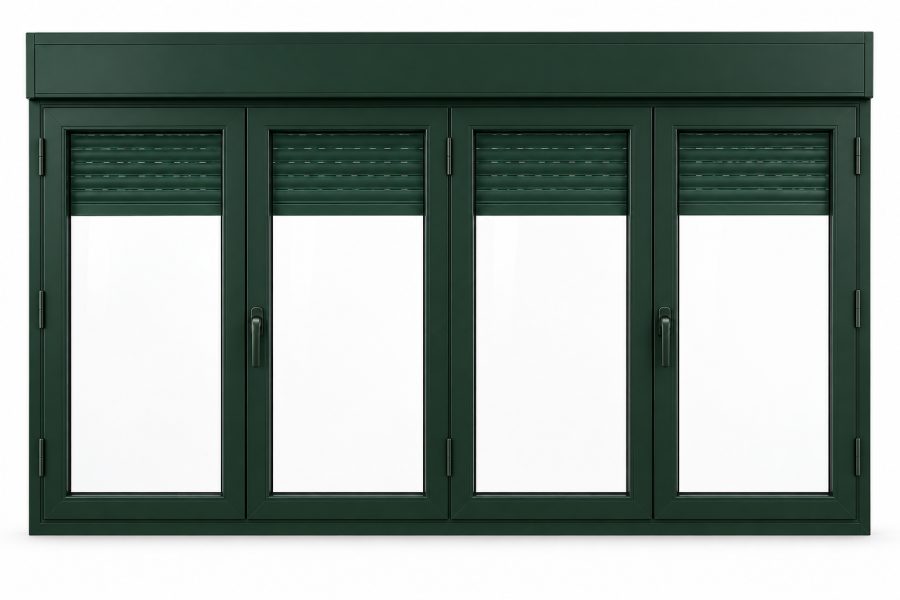 Ventana de PVC practicable de cuatro hojas en verde RAL 6009 con vidrio mate satinado y con persiana motorizada